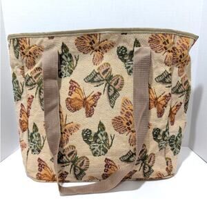 Vtg J Garden Butterfly Tapestry 14" Canvas Tote Bag Zipper Closure Reusable Bag
